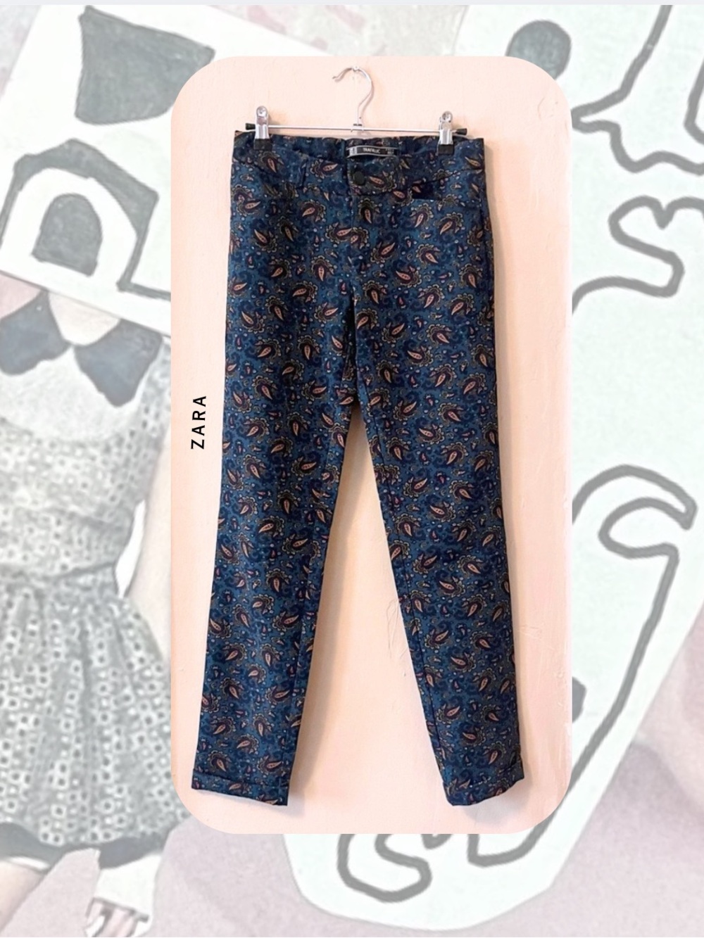 🎉rare🎉 Zara green paisley print rolled hem straight leg trouser pants